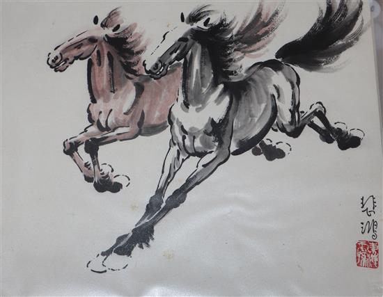 Follower of Xa Beihong, four ink/watercolour studies of horses and sundry pictures,